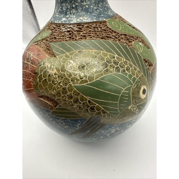 Vintage Original Roger Calero Nicaragua Clay Pottery Vase Fish & Coral - Picture 4 of 7